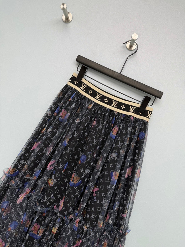 LV 26 Monogram Print Tulle Skirt Black in Cotton 371743