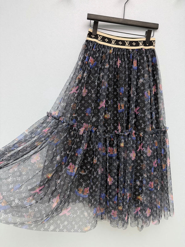 LV 26 Monogram Print Tulle Skirt Black in Cotton 371743