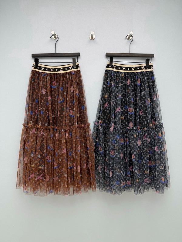 LV 26 Monogram Print Tulle Skirt Black in Cotton 371743