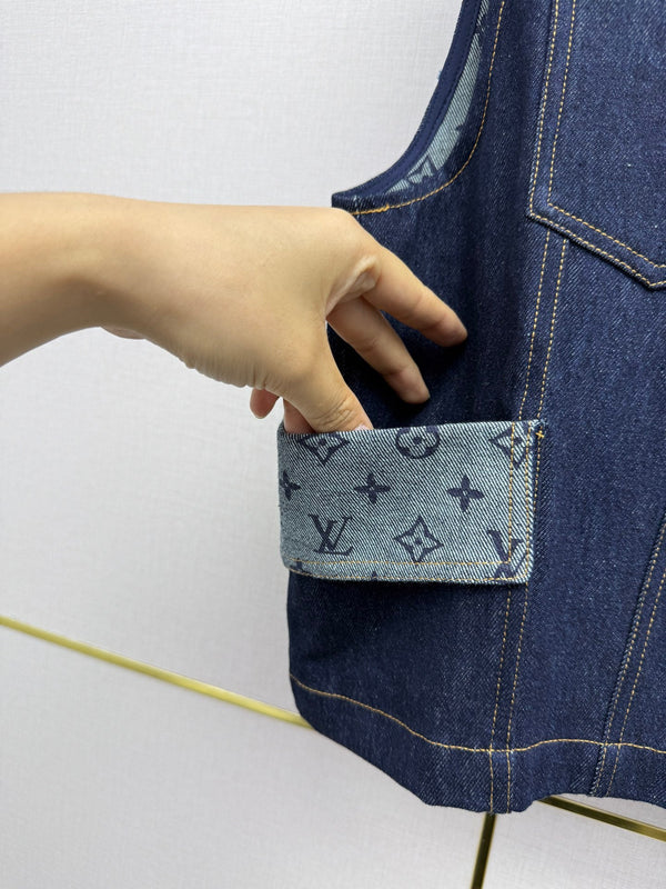 LV 26SS Vest Jacket Monogram Print Patchwork Decoration Dark Blue In Cotton 367729