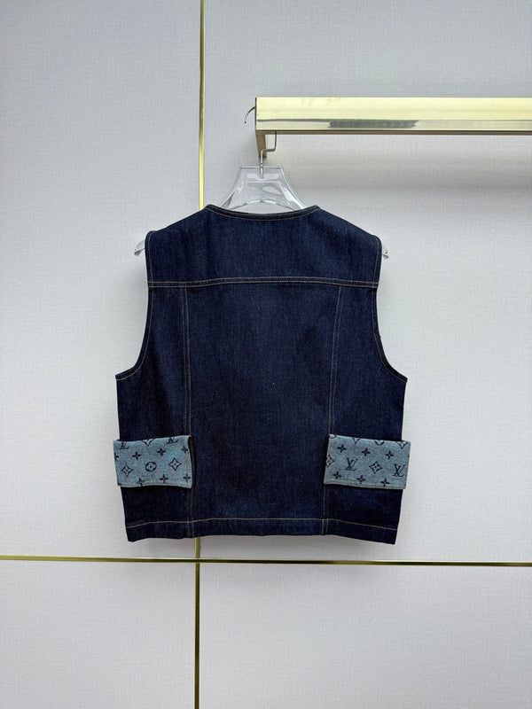 LV 26SS Vest Jacket Monogram Print Patchwork Decoration Dark Blue In Cotton 367729