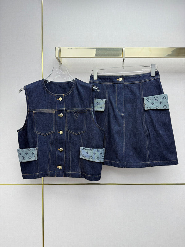 LV 26SS Vest Jacket Monogram Print Patchwork Decoration Dark Blue In Cotton 367729