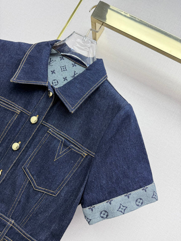 LV 26SS Short-Sleeve Dress Denim Patchwork Dark Blue In Cotton 367726