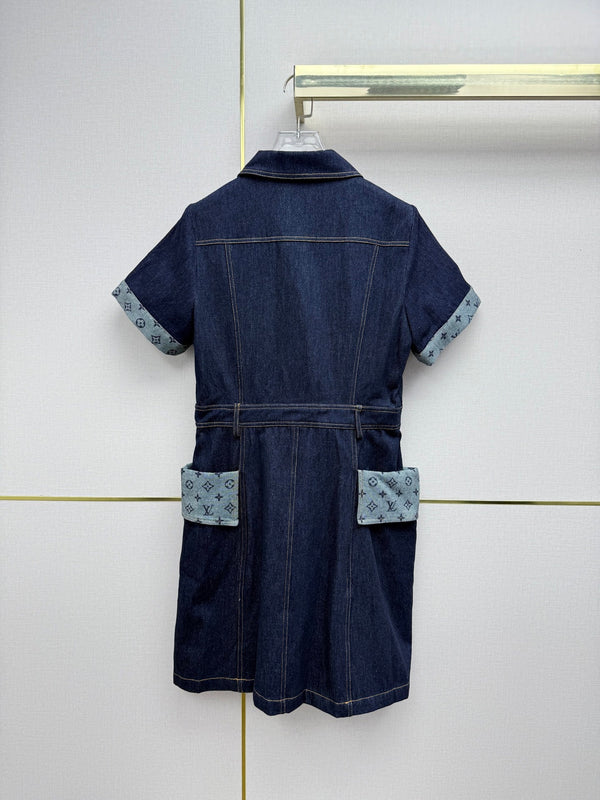 LV 26SS Short-Sleeve Dress Denim Patchwork Dark Blue In Cotton 367726