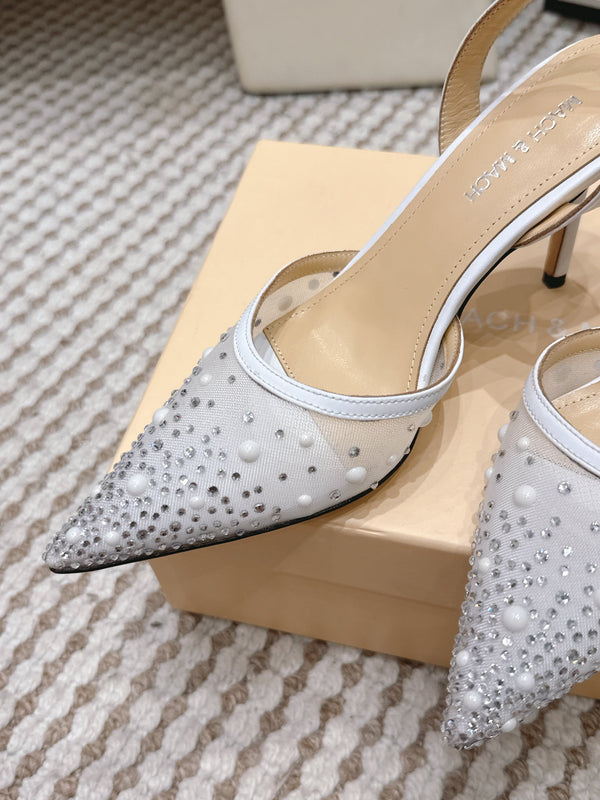 Mach & Mach 26 Pointed Toe High Heels 85 Crystal White in Sheepskin 722818
