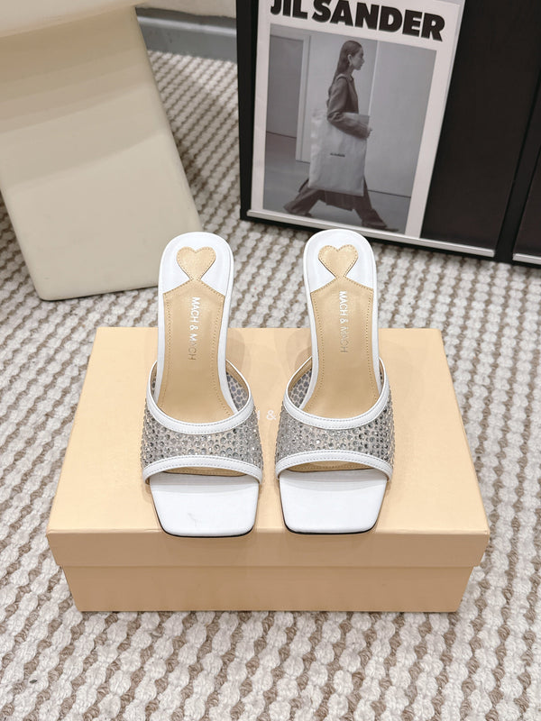 Mach & Mach Embellished Mules 95 White in Leather Diamonds 722811