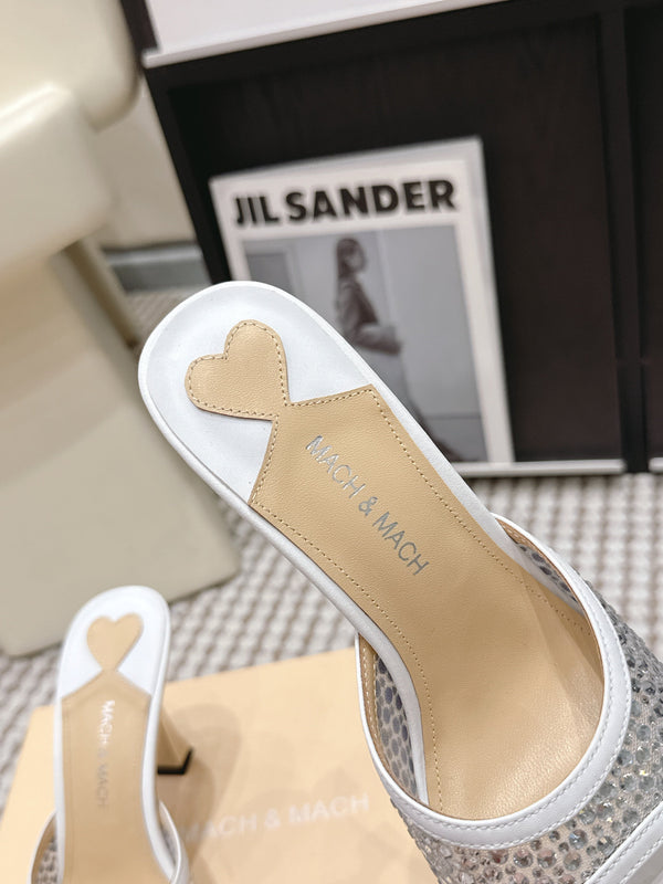 Mach & Mach Embellished Mules 95 White in Leather Diamonds 722811