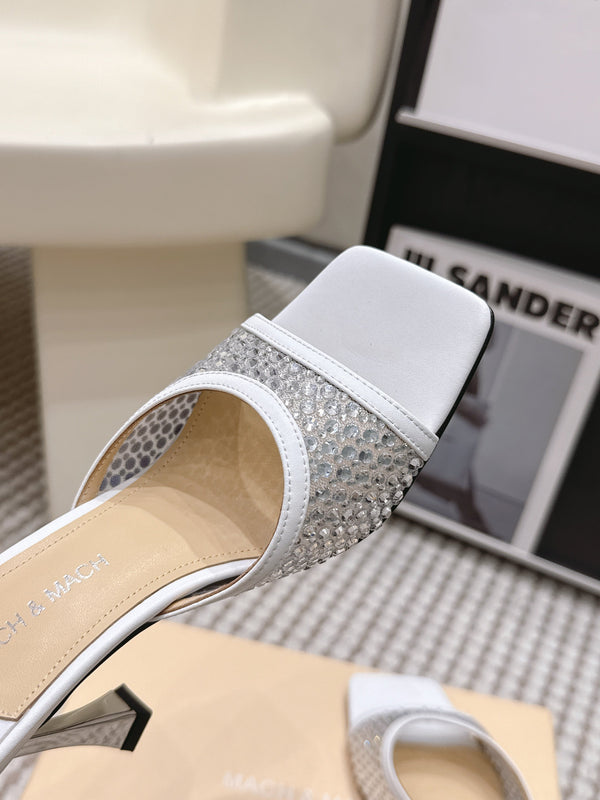 Mach & Mach Embellished Mules 95 White in Leather Diamonds 722811