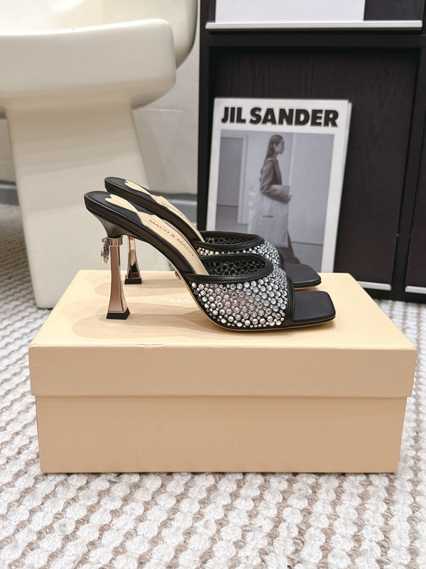Mach & Mach Embellished Mules 95 Black in Leather Diamonds 722809