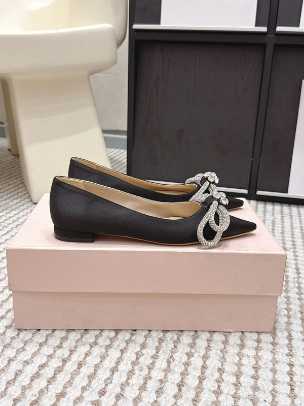 Mach & Mach 26SS Rhinestone Bow Flats Black in Silk 722448