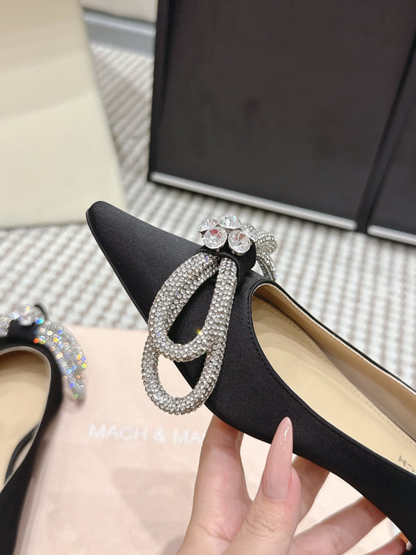 Mach & Mach 26SS Rhinestone Bow Flats Black in Silk 722448