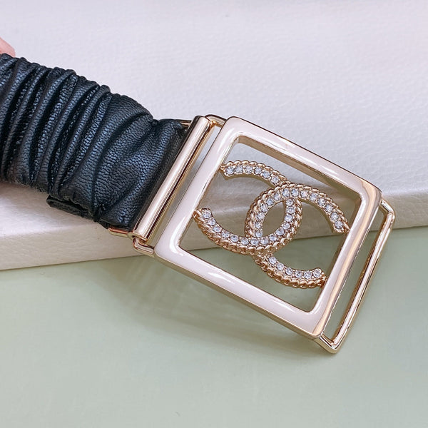Chanel Rhinestones CC Square Buckle Belt Black Gold in Calfskin 205357