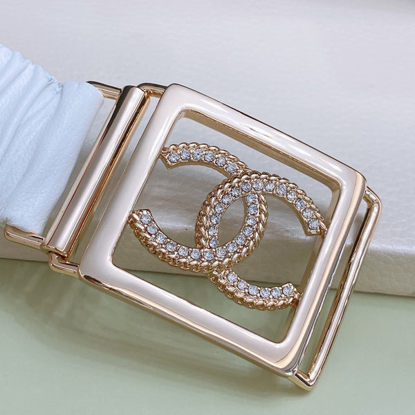 Chanel Rhinestones CC Square Buckle Belt Blue Gold in Calfskin 205354