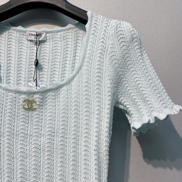 Chanel 26 Lace Short-Sleeve Top Baby Blue in Acrylic 370295