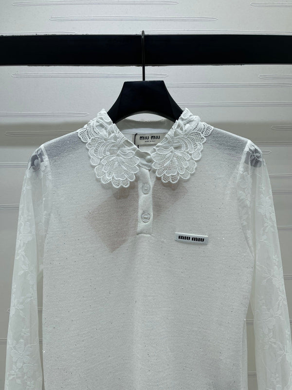 Miu Miu Collared Crochet Long-Sleeve Top White in Tencel 373141