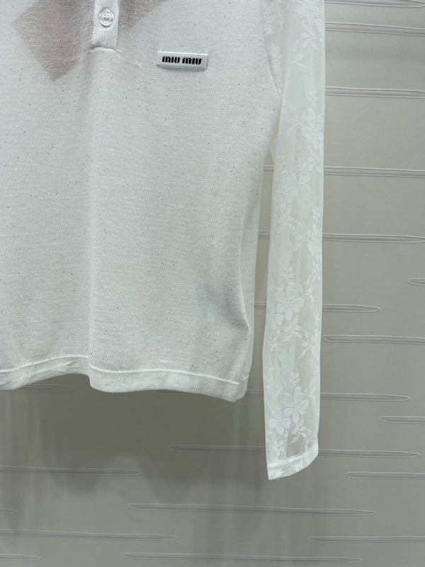 Miu Miu Collared Crochet Long-Sleeve Top White in Tencel 373141