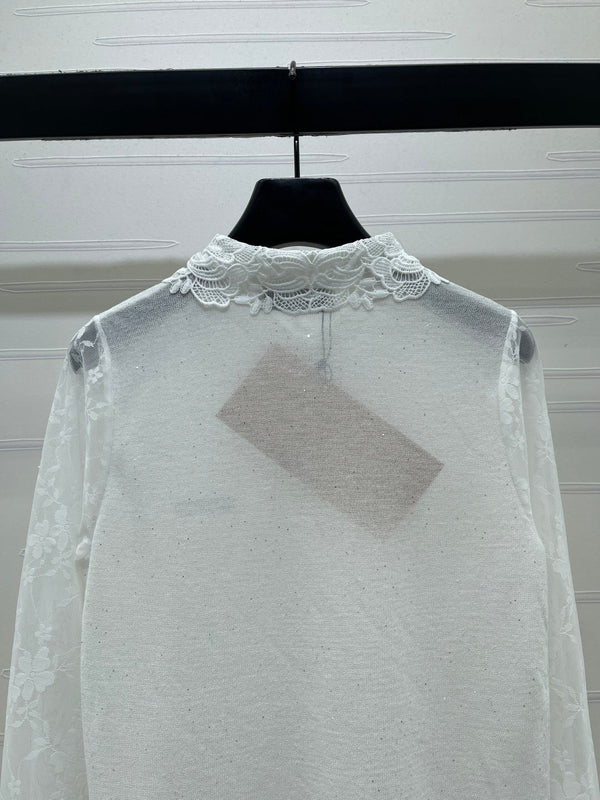Miu Miu Collared Crochet Long-Sleeve Top White in Tencel 373141