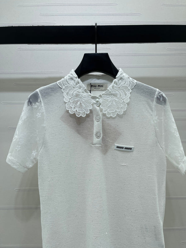 Miu Miu Collared Crochet Short-sleeved Top White in Tencel 373136