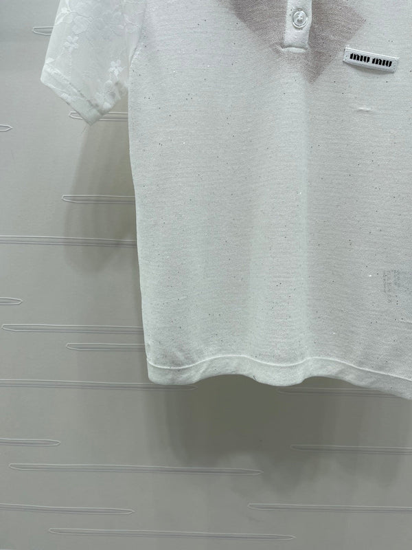 Miu Miu Collared Crochet Short-sleeved Top White in Tencel 373136