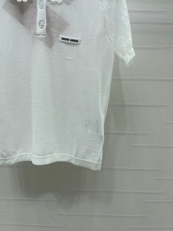 Miu Miu Collared Crochet Short-sleeved Top White in Tencel 373136