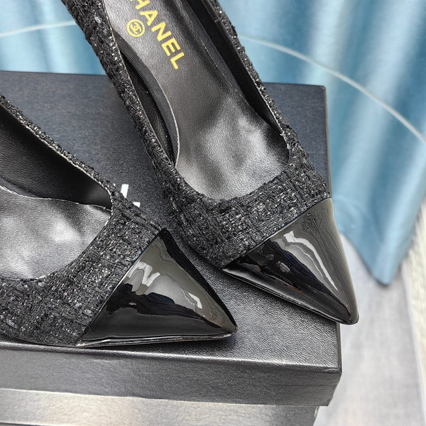 Chanel 26 Bout Pointu 85mm Perle Noir en Tweed Grossier 712805