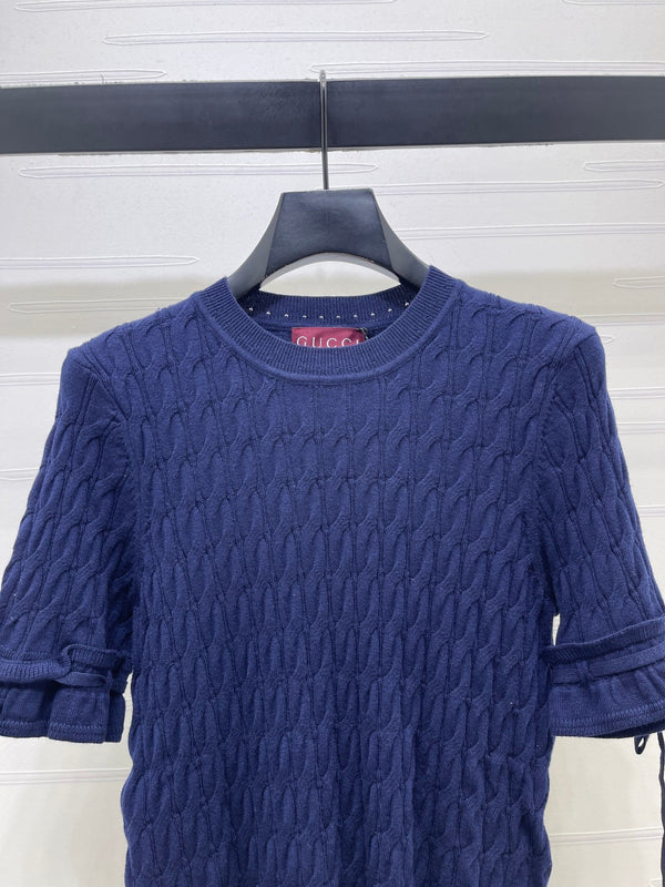 Gucci 26 Crew Neck Cable Short-Sleeve T-Shirt Navy Blue in Cotton 375072