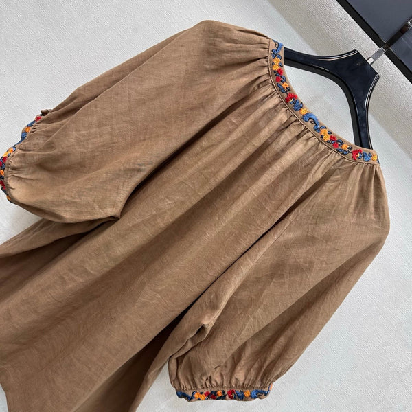 LP Colorful Embroidered Lantern Sleeve Shirt Brown in Linen 375374