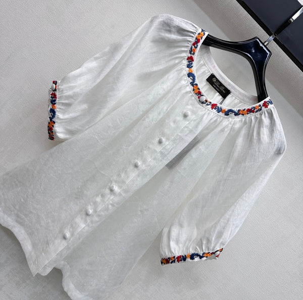 LP Colorful Embroidered Lantern Sleeve Shirt White in Linen 375372