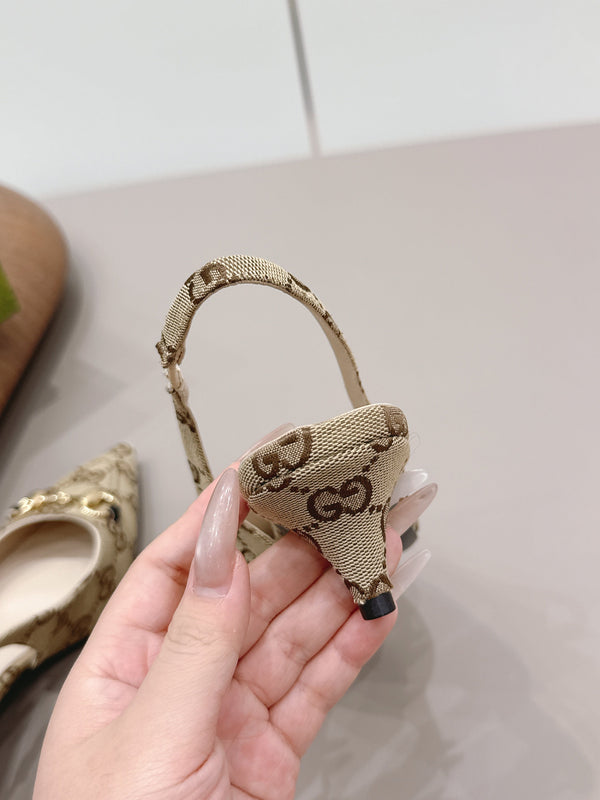 Gucci 26 Slingback 45mm Embossed Single Beige Brown in Jacquard Fabric 739364
