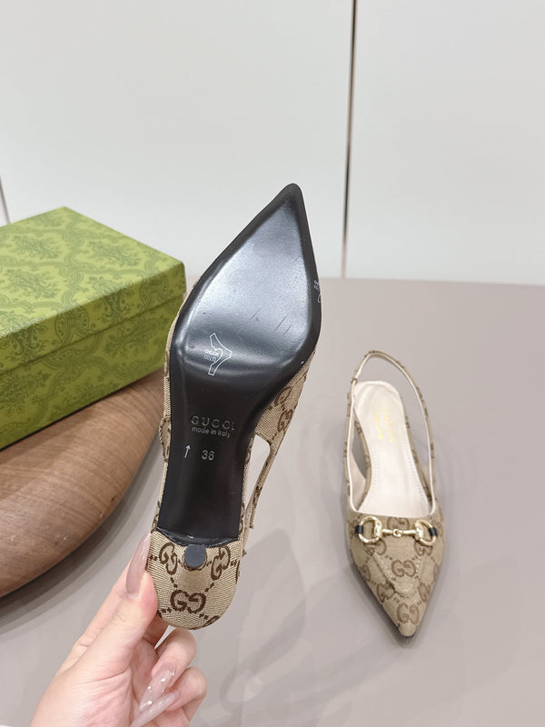 Gucci 26 Slingback 45mm Embossed Single Beige Brown in Jacquard Fabric 739364