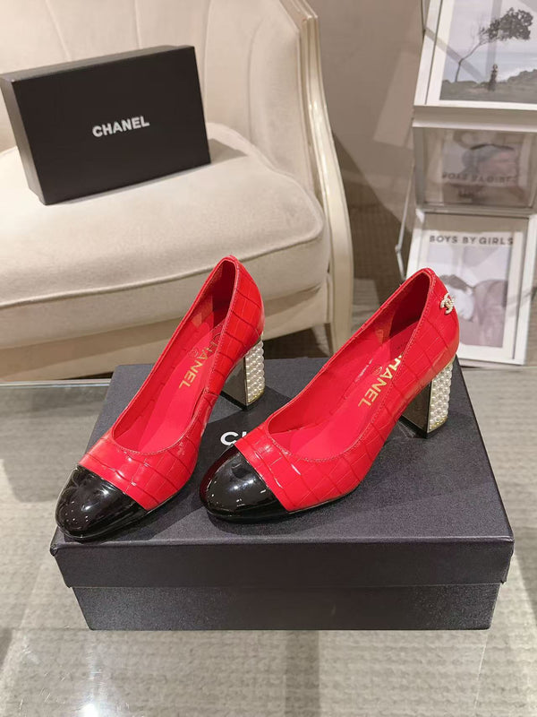 Chanel 26 Pumps Pearl Heel 80mm Red in Calfskin 739575