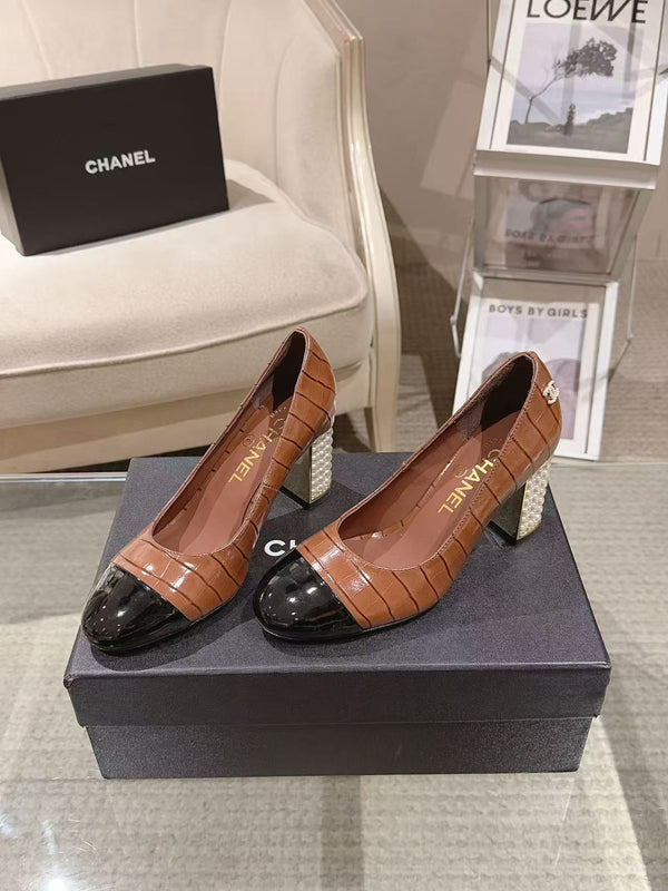 Chanel 26 Pumps Pearl Heel 80mm Brown in Calfskin 739576