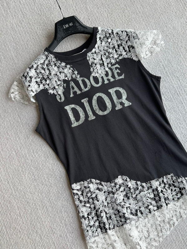 Dior 26ss J'Adore Lace-Trimmed T-Shirt Black White in Cotton 376511
