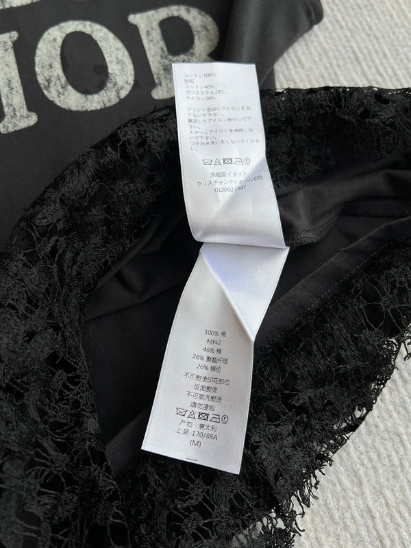 Dior 26ss J'Adore Lace-Trimmed T-Shirt Black White in Cotton 376511
