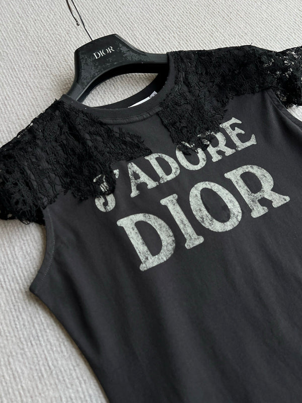 Dior 26ss J'Adore Lace-Trimmed T-Shirt Black in Cotton 376510