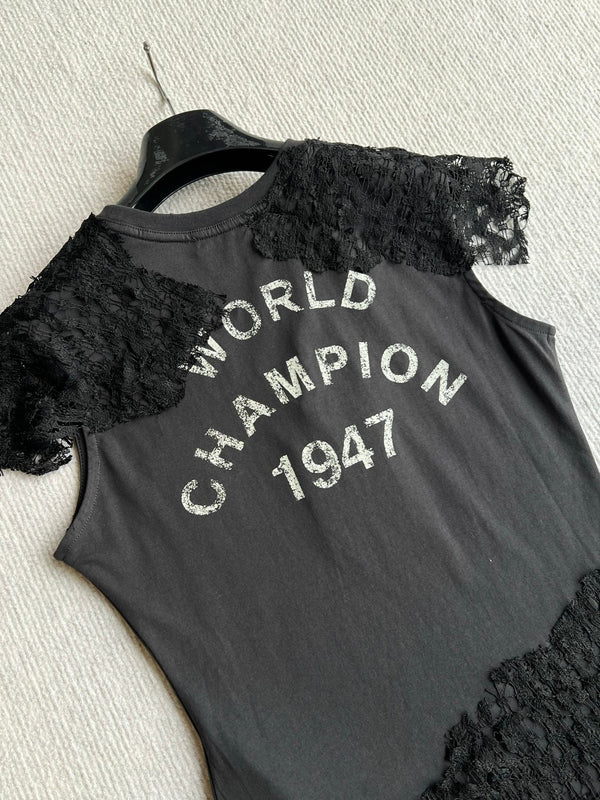 Dior 26ss J'Adore Lace-Trimmed T-Shirt Black in Cotton 376510