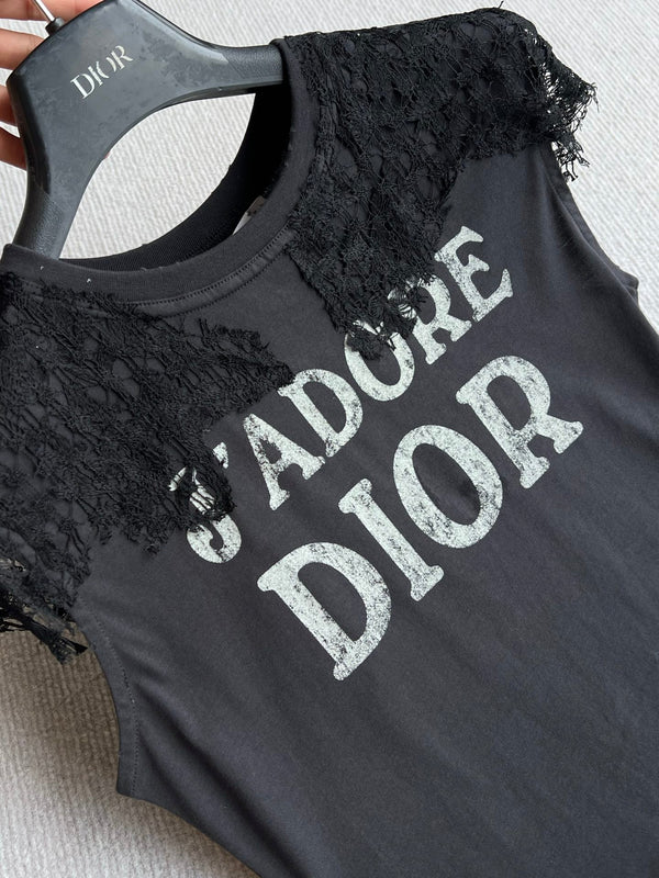 Dior 26ss J'Adore Lace-Trimmed T-Shirt Black in Cotton 376510