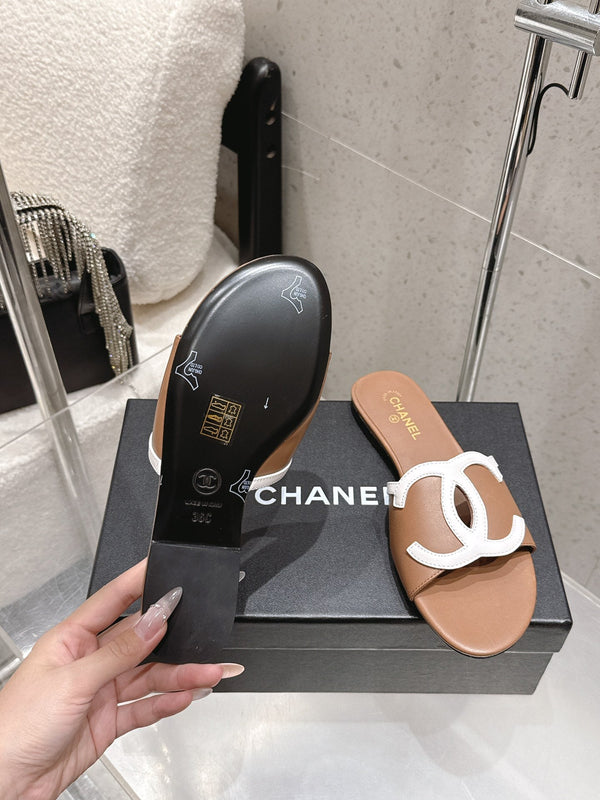 Chanel Double C Flat Slip-on Sandals Brown in Lambskin 740705