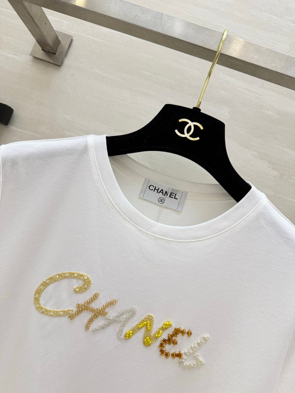 Chanel Sequin Letter T-Shirt White in Cotton 377548