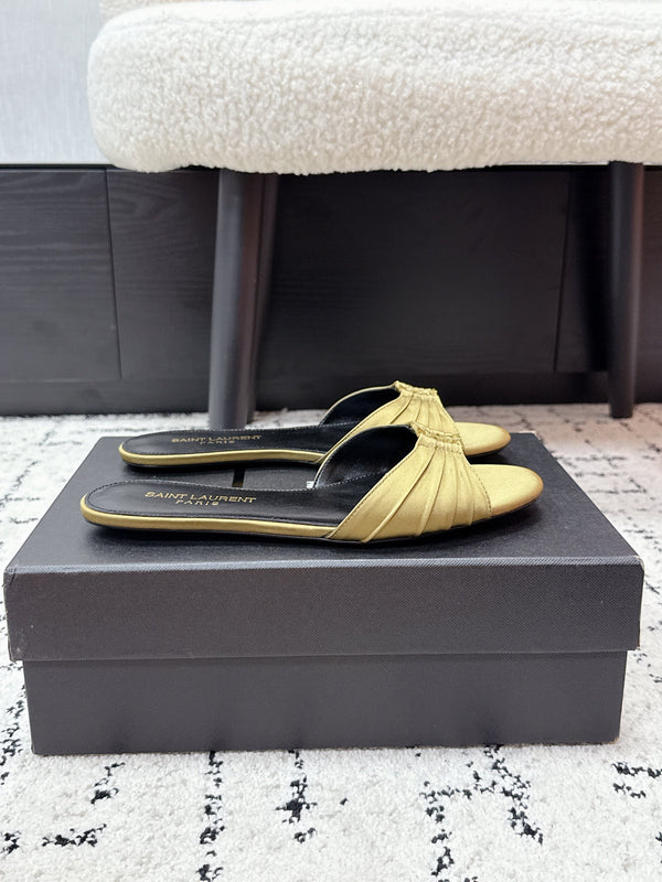 YSL Babylone Slides Gold Champagne in Silk 743654