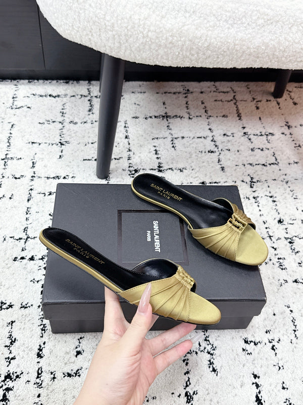 YSL Babylone Slides Gold Champagne in Silk 743654