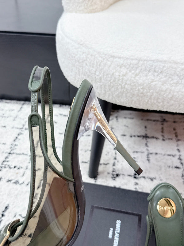 YSL Slingback High-Heeled 10.5 Dark Green in PVC Film 743651