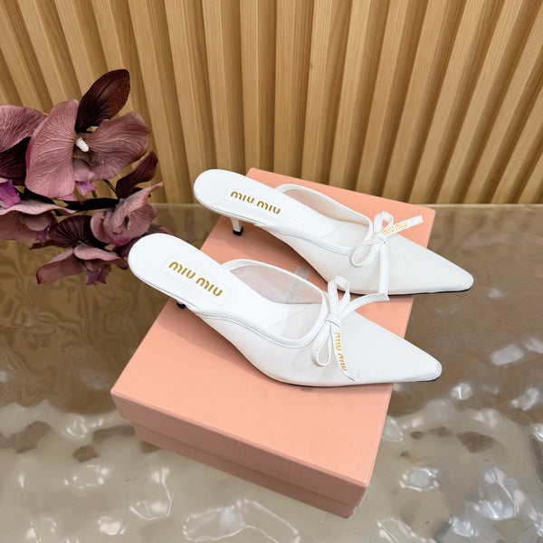 Miu Mules Pointed-Toe High Heels 55 White in Mesh 749065