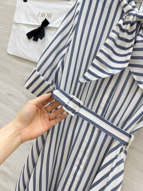 CD 26 Blue and White Striped Waist-Defining Dress in Cotton 379371