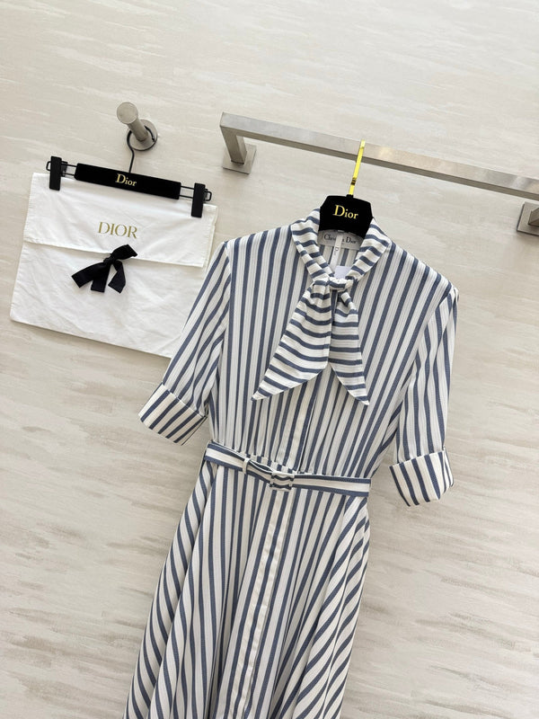 CD 26 Blue and White Striped Waist-Defining Dress in Cotton 379371