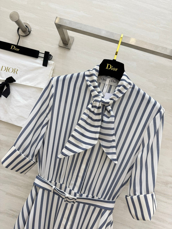 CD 26 Blue and White Striped Waist-Defining Dress in Cotton 379371