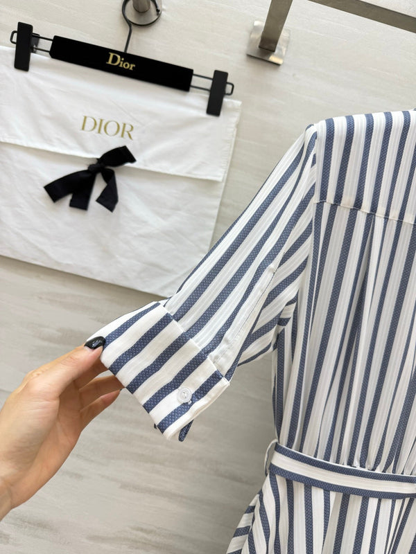 CD 26 Blue and White Striped Waist-Defining Dress in Cotton 379371