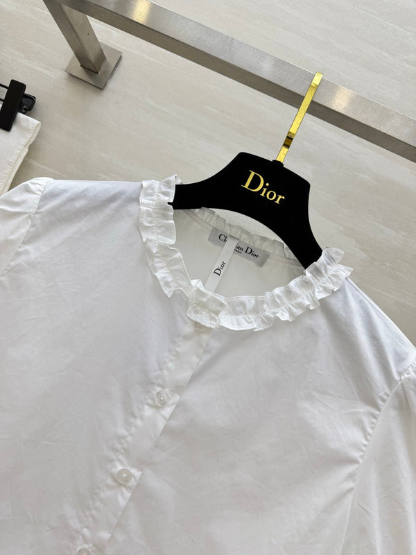 CD 26 Pure White Blouse with Ruffled Trim in Cotton 379288