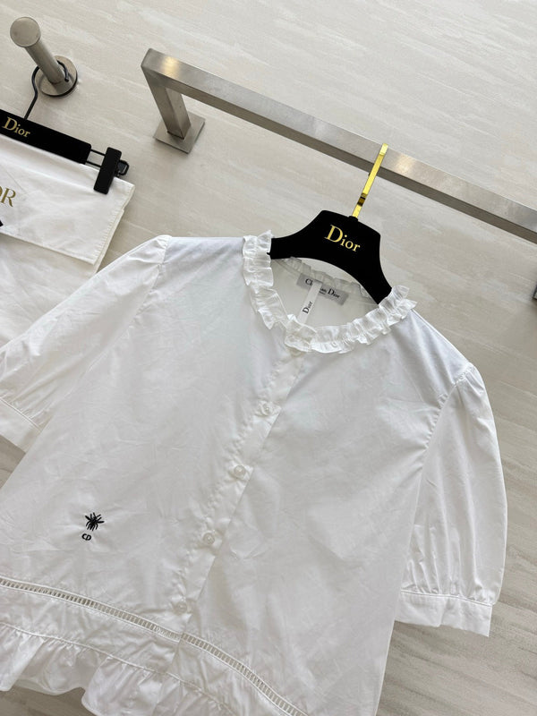 CD 26 Pure White Blouse with Ruffled Trim in Cotton 379288