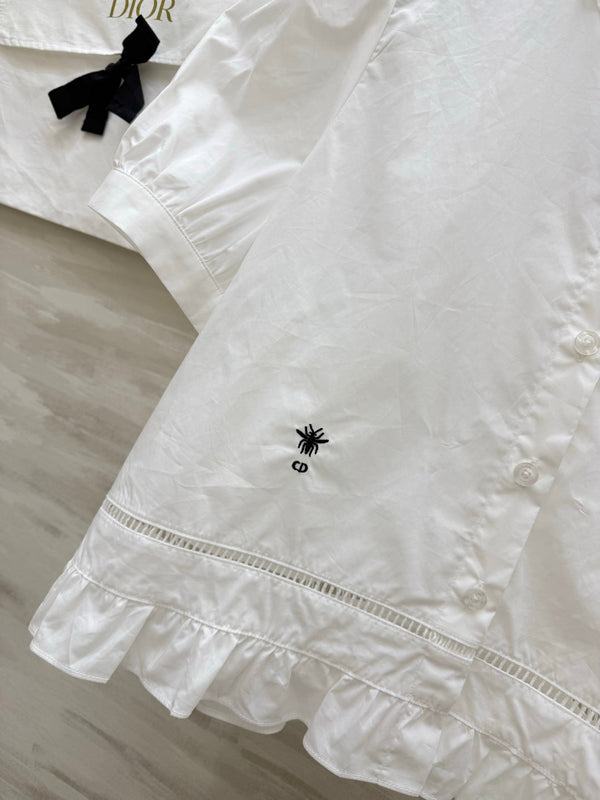 CD 26 Pure White Blouse with Ruffled Trim in Cotton 379288